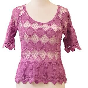 INC International Concepts Petite Crochet Lace Purple Short Sleeve Top Size PS